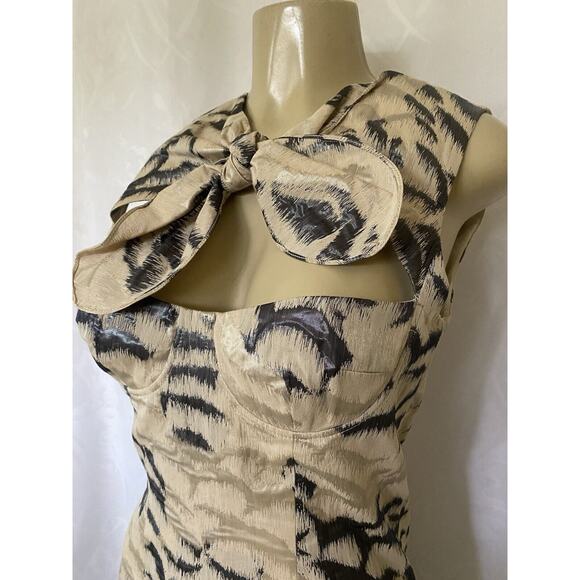 Carven Dress Cut Out Front Bow Tie Sleeveless Jacquard Beige Gray Sheath… - Picture 2 of 9